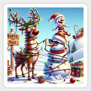 Rudolph, an Elf and a Snowman at the North Pole Sticker